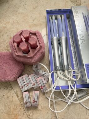 SHEGLAM Hair One touch curl iron and blushes and lipstick